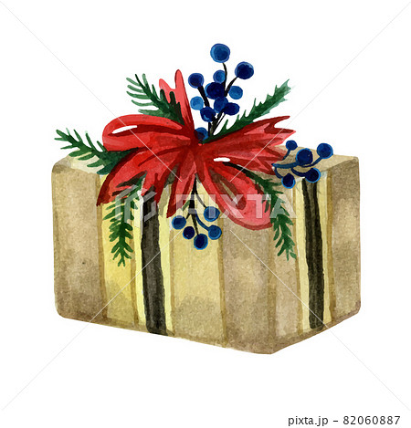 Christmas box wrapped in paper and decorated with branches and ribbons 82060887