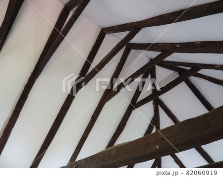 Fachwerk, a frame construction typical of the peasant architecture of many countries of Europe. Prussian wall. The roof truss system of the house. Ceiling beams, rafters and gratings. Fachwerk, a frame construction typical of the peasant architecture of many countries of Europe. Prussian wall. The roof truss system of the house. Ceiling beams, rafters and gratings. 82060919