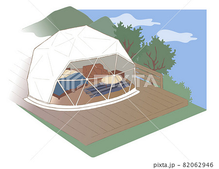 ドーム型テントで昼のグランピング 切り抜き手書きイラストのイラスト素材