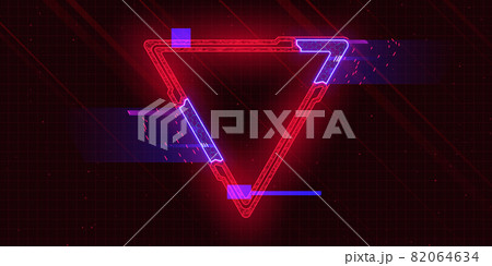 Futuristic cyberpunk style triangle with glitch effect. Triangle with red cyberpunk elements and blue hud neon hologram effect. Good for design banners, electronic music events, game titles. Futuristic cyberpunk style triangle with glitch effect. Triangle with red cyberpunk elements and blue hud neon hologram effect. Good for design banners, electronic music events, game titles. 82064634