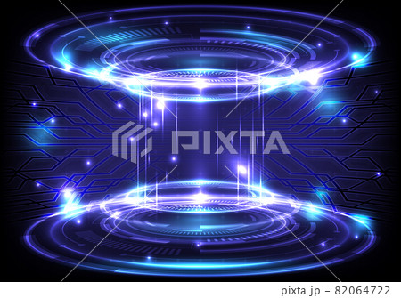 Portal and hologram science futuristic. Sci-fi digital hi-tech in glowing HUD projector. Magic gate in game fantasy. Circle teleport podium. GUI and UI virtual reality. Placeholder and space 82064722