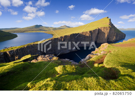 Leitisvatn or Sorvagsvatn - lake above the ocean on Vagar Island, Faroe Islands 82065750