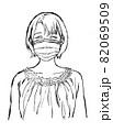 マスクをしている笑顔の女性のイラスト　線画素材 82069509