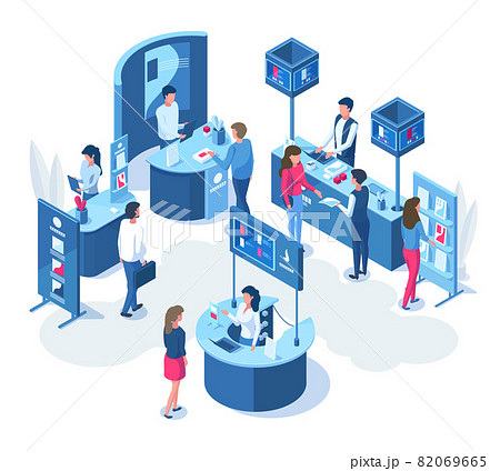 Isometric exhibition demonstration promo stands and trade stalls. Expo demonstration stand with workers and visitors vector illustration. Promo stands composition 82069665