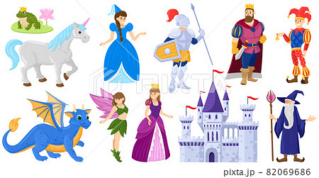 Cartoon fairy tale medieval magic world characters. Fantasy fairy tale princess, unicorn, knight, wizard, dragon vector illustration set. Fairy tale magical world heroes 82069686