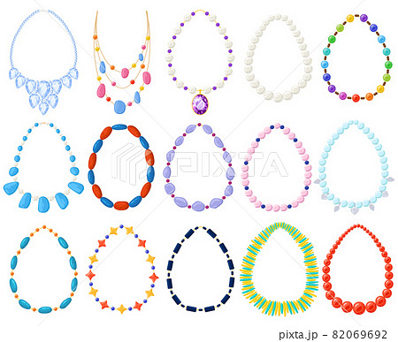 Women gold, silver, pearl jewel beads and necklaces. Cartoon women necklace, gold, silver, pearl, amber and turquoise beads vector illustration set. Jewel precious necklaces 82069692