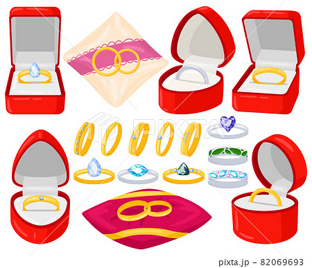Cartoon wedding engagement jewel golden and silver rings. Marriage proposal, bride and groom rings in red velvet boxes vector illustration set. Wedding jewellery accessories 82069693