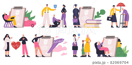 Insurance agent offers people protecting health, life and property. Property protection, healthcare and medical service vector Illustration set. Risk insurance protection Insurance agent offers people protecting health, life and property. Property protection, healthcare and medical service vector Illustration set. Risk insurance protection 82069704