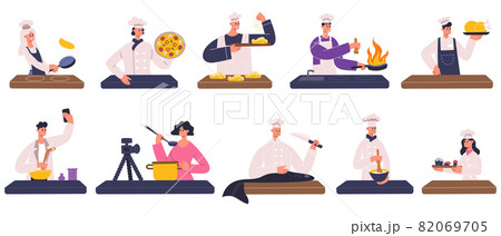 Restaurant chefs, cooks, food bloggers cooking dishes. Restaurant chefs, food bloggers, culinary show participant portraits vector Illustration set. Cooking people avatars 82069705