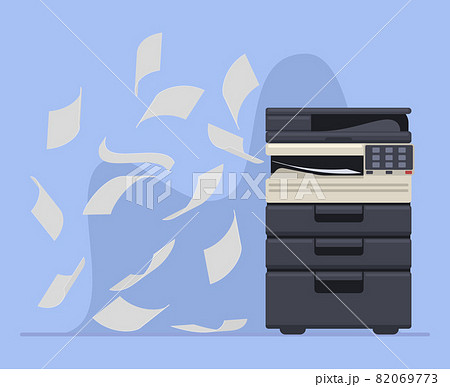Office professional copier or printer printing documents. Printer office work multifunction printing machine vector illustration. Printer machine printing paper documents 82069773