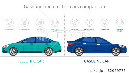 Eco friendly electric cars and gasoline car comparison. Electric auto environment protection advantage vector illustration set. Gasoline, electro car comparison infographic 82069775