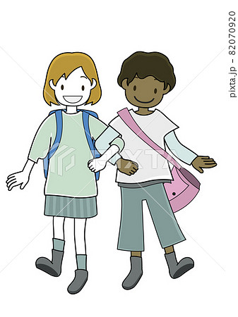 ピンクのバッグを持つ男の子と青のリュックを背負った女の子が腕を組むイラスト Lgbtやsdgsに のイラスト素材 0709