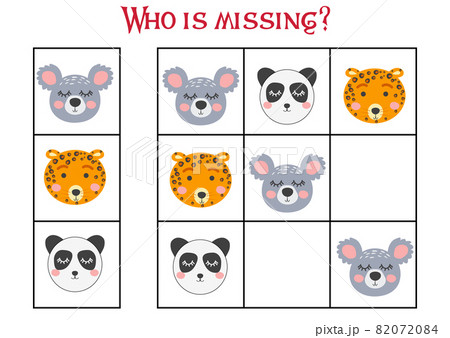 Sudoku game for children with pictures. Kids activity sheet. cute African animals muzzle 82072084