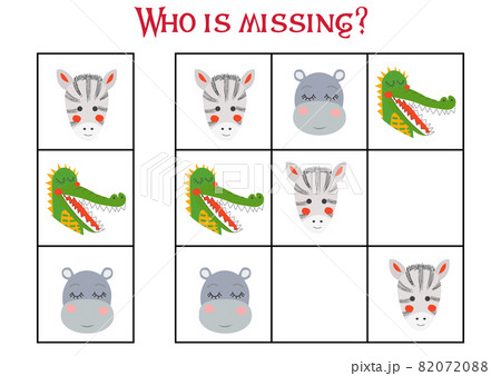 Sudoku game for children with pictures. Kids activity sheet. cute African animals muzzle 82072088