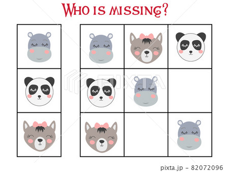 Sudoku game for children with pictures. Kids activity sheet. cute African animals muzzle Sudoku game for children with pictures. Kids activity sheet. cute African animals muzzle 82072096