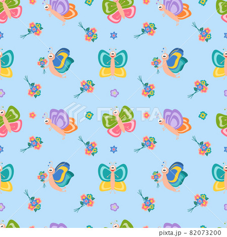 Seamless illustration with cute butterflies and flowers. Cartoon character. Vector for fabric, wallpaper or wrapping paper. Seamless illustration with cute butterflies and flowers. Cartoon character. Vector for fabric, wallpaper or wrapping paper. 82073200