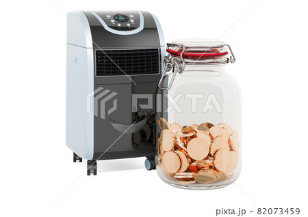 Portable air conditioner with glass jar full of golden coins, 3D rendering Portable air conditioner with glass jar full of golden coins, 3D rendering 82073459
