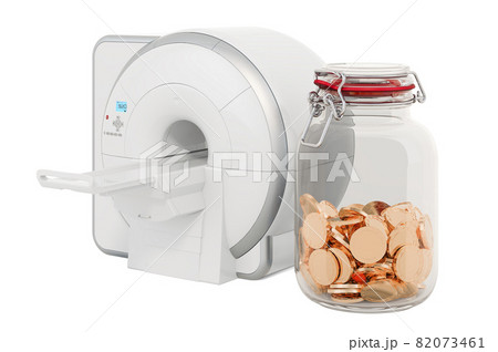 MRI with glass jar full of golden coins, 3D rendering MRI with glass jar full of golden coins, 3D rendering 82073461