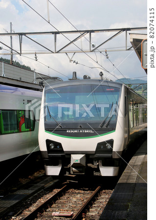 長野県北安曇野郡尾谷村 大糸線南小谷駅　2番線　HB-E300系リゾートビューふるさと　停車　縦位置 82074115