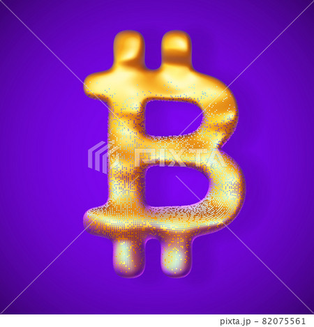 Golden 3D Bitcoin logo with pixels on surface on blue background Golden 3D Bitcoin logo with pixels on surface on blue background 82075561