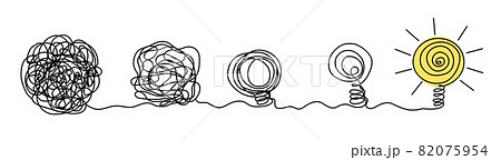 Process of complex problem to simple solution idea concept. Chaos scribble line turn into light bulb. Business searching path vector doodle 82075954