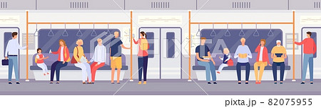 Passenger crowd inside subway train or city bus. Cartoon people standing and sitting in public transport. Travel by metro car vector concept 82075955