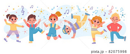 Happy cartoon children group dancing and...のイラスト素材