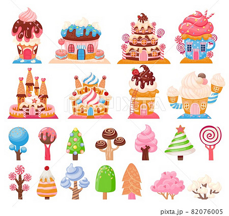 Candy land chocolate biscuit houses and caramel trees. Fantasy city with cake castles. Sweet game lollipops and cupcakes elements vector set 82076005