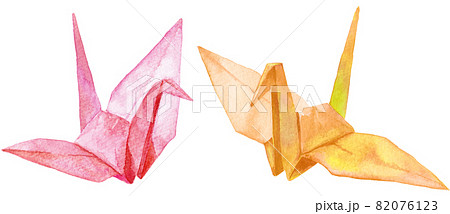 水彩2つの折り鶴 ピンクと黄色のイラスト素材