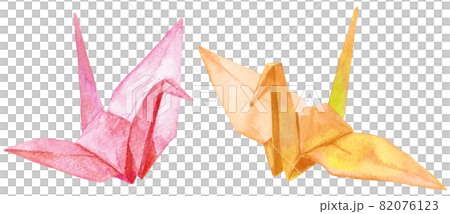 Watercolor two paper cranes_pink and yellow 82076123
