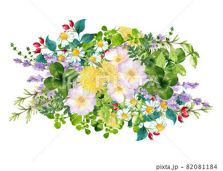 いろいろなハーブの豪華なブーケ 水彩イラストのイラスト素材