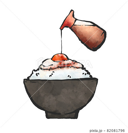 卵かけご飯に醤油をかける手描き筆絵風イラストのイラスト素材