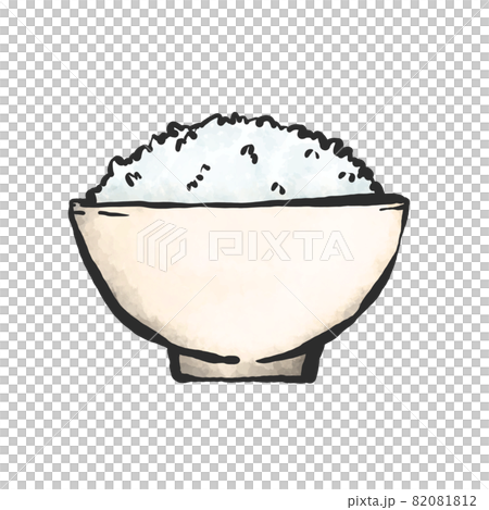 白いお茶碗に盛ったご飯の手描き筆絵風イラストのイラスト素材