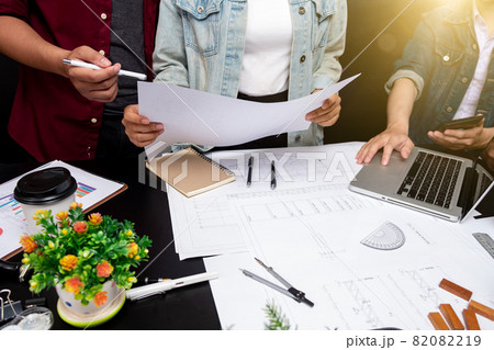 Cooperation Corporate Achievement Planning Design Draw Teamwork Concept, close-up Of Person's engineer Hand Drawing 82082219