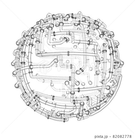 Pipes with flanges around a large sphere. Vector 82082778