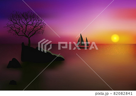 Beautiful sunset over blinking sea surface with tree growing on a rock and distant sailing yacht. Beautiful sunset over blinking sea surface with tree growing on a rock and distant sailing yacht. 82082841