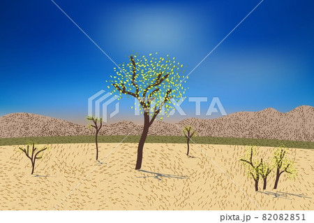 Beautiful desert view with stylized hills, trees, grass and bushes. Bright day light. 82082851