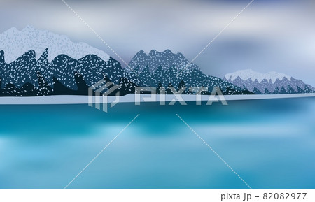 Winter scene with frozen water, cloudy sky and mountains in snow. 82082977
