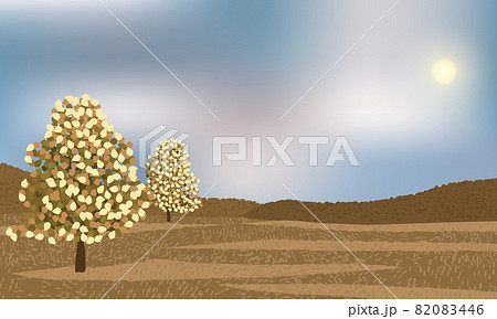Autumn season day outdoor with beautiful trees, grass, and distant forest. Autumn season day outdoor with beautiful trees, grass, and distant forest. 82083446