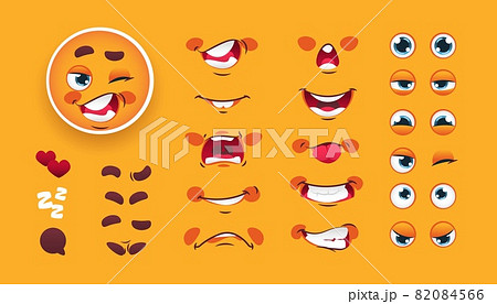 Emotion kit. Funny character with mouth, eyes and yellow face. Surprised or excited expressions. Angry and happy different emotion smileys collection. Vector cartoon facial elements set Emotion kit. Funny character with mouth, eyes and yellow face. Surprised or excited expressions. Angry and happy different emotion smileys collection. Vector cartoon facial elements set 82084566