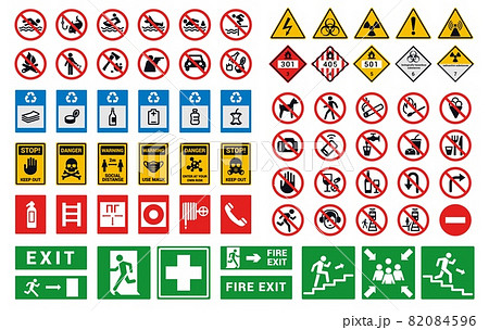 Safety sign. Factory and construction health or security caution symbols. Bright hazard attention and evacuation notices. Entrance prohibited stickers mockup. Vector warning icons set 82084596