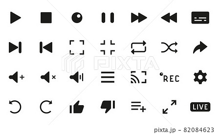 Player buttons. Black silhouette interface icons. Play and pause, rewind back or forward signs. Start, stop and volume control symbols. Vector record UI elements set for video streaming 82084623