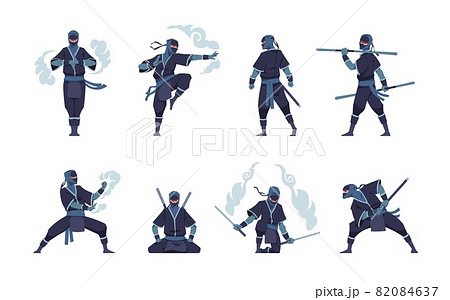 Ninja character. Fighting Japanese warrior with ancient weapon. Shinobi mascot standing in fight pose or meditating. Man training attack with air tails. Vector assassins positions set 82084637