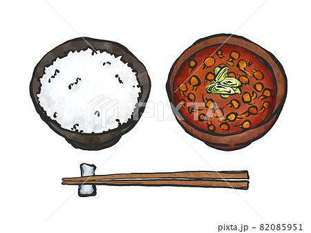 ごはんとなめこ汁の手描き筆絵風イラストのイラスト素材