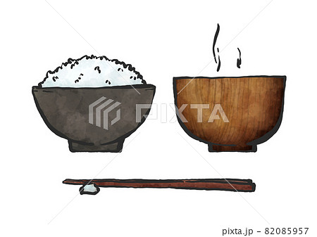 ごはんと味噌汁の手描き筆絵風イラストのイラスト素材