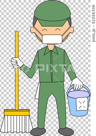 男性清掃員 ミドリ のイラスト モップのイラスト素材