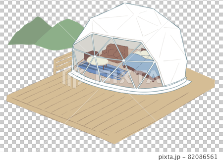 ドーム型テントでグランピング 手書きイラストのイラスト素材