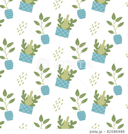 Hand-drawn seamless pattern with indoor plants in blue pots. Patten with house plants. The pattern is suitable for prints, posters, wrapping paper, fabrics. 82086986