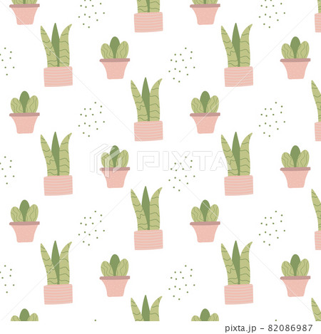 Hand-drawn seamless pattern with indoor plants in pink pots. Patten with house plants. The pattern is suitable for prints, posters, wrapping paper, fabrics. 82086987