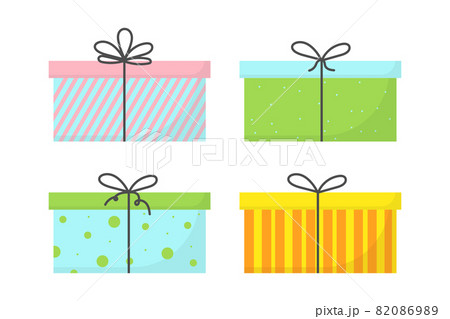 A set of four gifts with ribbons and bows. A set of boxes for gifts. A set of gifts for the holiday. A set of four gifts with ribbons and bows. A set of boxes for gifts. A set of gifts for the holiday. 82086989